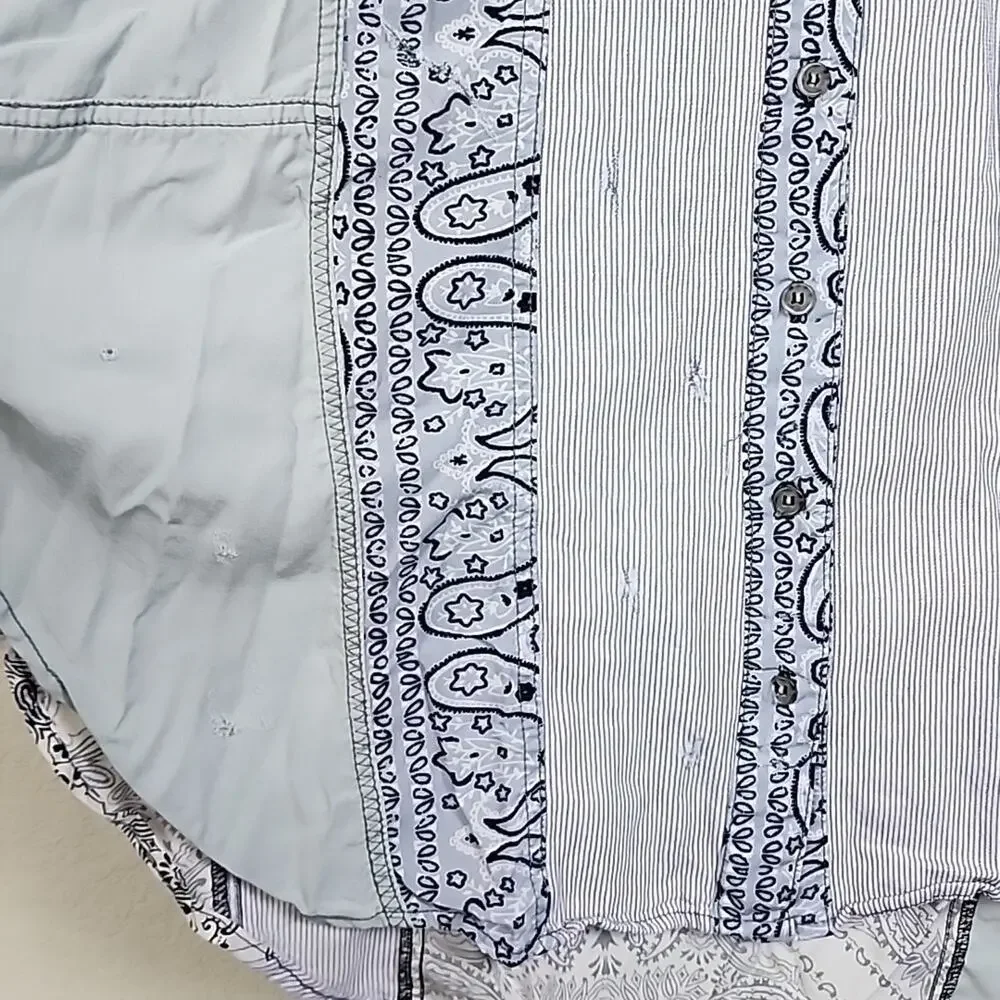 Free People Blue Distressed Patchwork Shirt